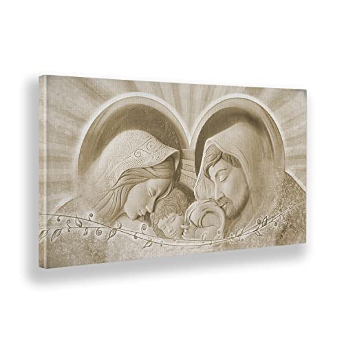 Giallobus - Gemälde - 12 - Religiöses Bild - Segen der Heiligen Familie - Beige - Leinwand mit Standardrahmen - 140x70 - Bereit zum Aufhängen - Moderne Gemälde für zu Hause von Giallobus