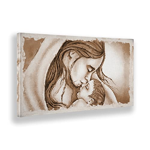 Giallobus - Gemälde - 18 - Religiöses Bild - Kuss von Maria zu Jesus - Beige - Leinwand mit Standardrahmen - 100x50 - Bereit zum Aufhängen - Moderne Gemälde für zu Hause von Giallobus