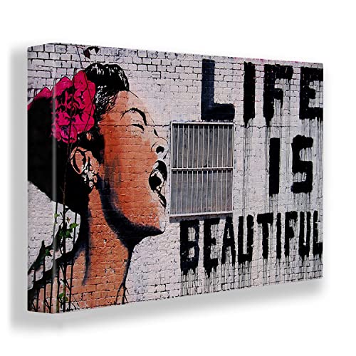 Giallobus - Gemälde - Banksy - Das Leben ist Wunderschoen - Leinwand Premium-Rahmen hohe Dicke 5cm - 140x100 - Bereit zum Aufhängen - Moderne Gemälde für zu Hause von Giallobus