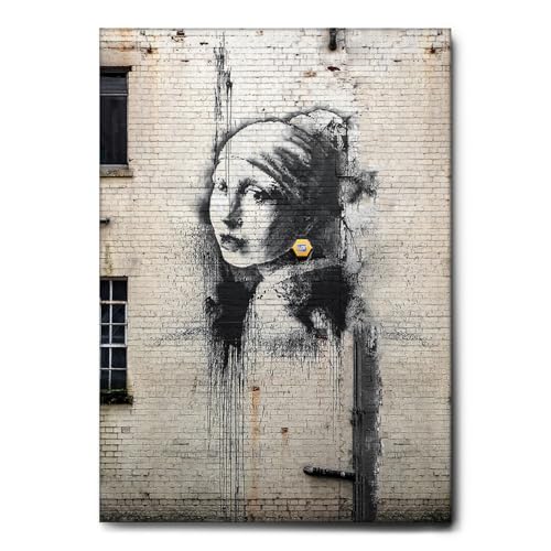 Giallobus - Gemälde - Banksy - Das Mädchen mit dem Perlenohrring - Leinwand mit Standardrahmen - 100x140 - Bereit zum Aufhängen - Moderne Gemälde für zu Hause von Giallobus