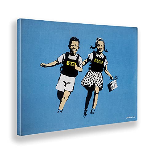 Giallobus - Gemälde - Banksy - Jack und Jill, Polizeikinder, blau - Leinwand - 70x50 - Bereit zum Aufhängen - Moderne Gemälde für zu Hause von Giallobus