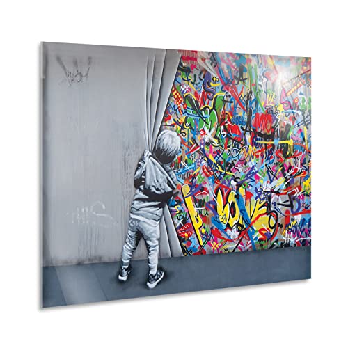 Giallobus - Gemälde - Banksy - Kind öffnet den Vorhang - Acrylglas - 100x70 - Bereit zum Aufhängen - Moderne Gemälde für zu Hause von Giallobus