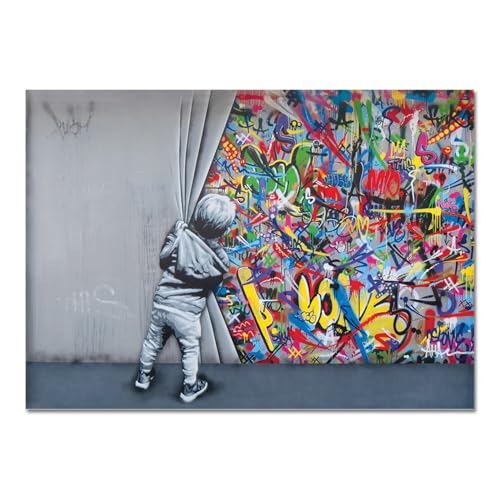 Giallobus - Gemälde - Banksy - Kind öffnet den Vorhang - Acrylglas - 140x100 - Bereit zum Aufhängen - Moderne Gemälde für zu Hause von Giallobus
