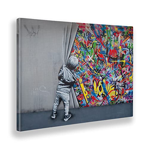 Giallobus - Gemälde - Banksy - Kind öffnet den Vorhang - Leinwand mit Standardrahmen - 100x70 - Bereit zum Aufhängen - Moderne Gemälde für zu Hause von Giallobus