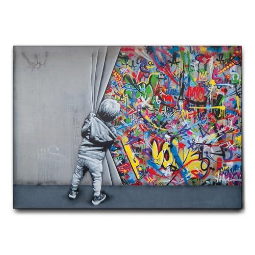 Giallobus - Gemälde - Banksy - Kind öffnet den Vorhang - Leinwand mit Standardrahmen - 100x70 - Bereit zum Aufhängen - Moderne Gemälde für zu Hause von Giallobus