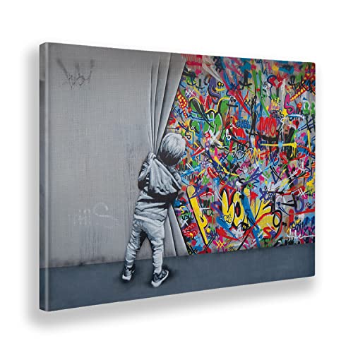 Giallobus - Gemälde - Banksy - Kind öffnet den Vorhang - Leinwand mit Standardrahmen - 50x35 - Bereit zum Aufhängen - Moderne Gemälde für zu Hause von Giallobus