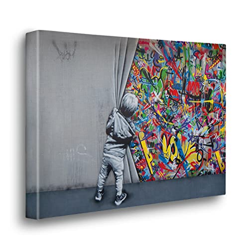Giallobus - Gemälde - Banksy - Kind öffnet den Vorhang - Premium Loom Canvas mit hoher Dicke - 100x70 - Bereit zum Aufhängen - Moderne Gemälde für zu Hause von Giallobus