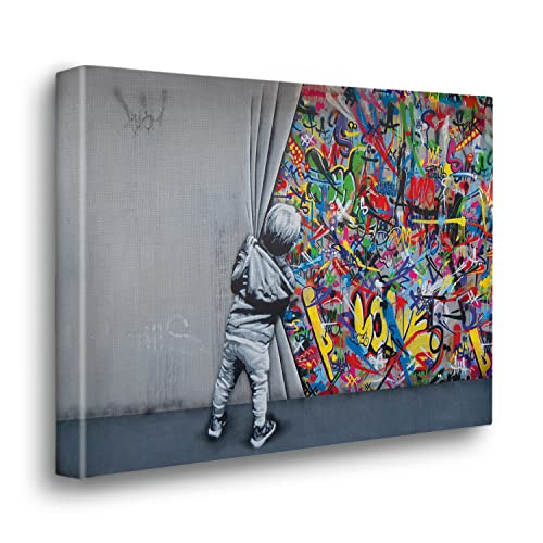 Giallobus - Gemälde - Banksy - Kind öffnet den Vorhang - Premium Loom Canvas mit hoher Dicke - 140x100 - Bereit zum Aufhängen - Moderne Gemälde für zu Hause von Giallobus