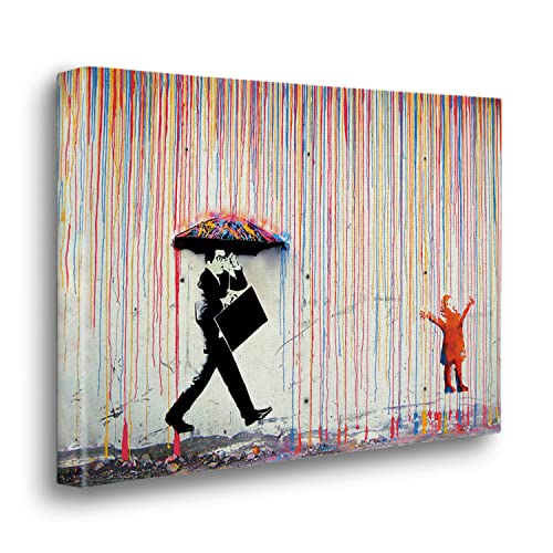 Giallobus - Gemälde - Banksy - Regen der Farben - Leinwand Premium-Rahmen hohe Dicke 5cm - 140x100 - Bereit zum Aufhängen - Moderne Gemälde für zu Hause von Giallobus