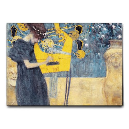 Giallobus - Gemälde - Gustav Klimt - Die Musik - Leinwand mit Standardrahmen - 140x100 - Bereit zum Aufhängen - Moderne Gemälde für zu Hause von Giallobus