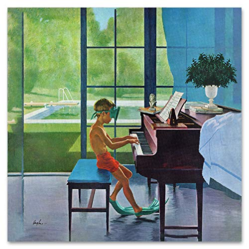 Giallobus - Gemälde - The Saturday Evening Post - Übe am Klavier am Pool - Acrylglas - 100x100 - Bereit zum Aufhängen - Moderne Gemälde für zu Hause - Vintage - Fertig zum Aufhängen von Giallobus