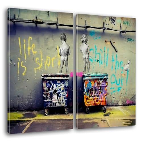 Giallobus - Große Gemälde im XXL-Format - Banksy - Straßenkunst - Kinder pinkeln - Leinwand - 144x100cm | 2pcs. x 70x100cm - Moderne Gemälde für zu Hause von Giallobus