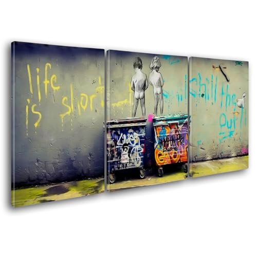 Giallobus - Große Gemälde im XXL-Format - Banksy - Straßenkunst - Kinder pinkeln - Leinwand - 308x140cm | 3pcs. x 100x140cm - Moderne Gemälde für zu Hause von Giallobus