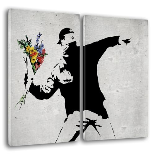 Giallobus - Große Gemälde im XXL-Format - Banksy - Street Art - Blumenwerfer - Leinwand - 204x140cm | 2pcs. x 100x140cm - Moderne Gemälde für zu Hause von Giallobus