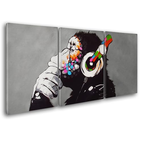 Giallobus - Große Gemälde im XXL-Format - Banksy - Street Art - DJ Monkey - Leinwand - 218x100cm | 3pcs. x 70x100cm - Moderne Gemälde für zu Hause von Giallobus