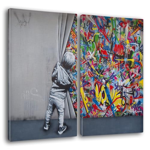 Giallobus - Große Gemälde im XXL-Format - Banksy - Street Art - Kind öffnet den Vorhang - Leinwand - 144x100cm | 2pcs. x 70x100cm - Moderne Gemälde für zu Hause von Giallobus