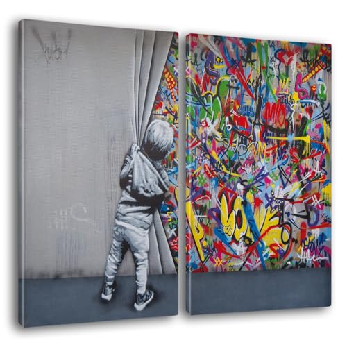 Giallobus - Große Gemälde im XXL-Format - Banksy - Street Art - Kind öffnet den Vorhang - Leinwand - 204x140cm | 2pcs. x 100x140cm - Moderne Gemälde für zu Hause von Giallobus