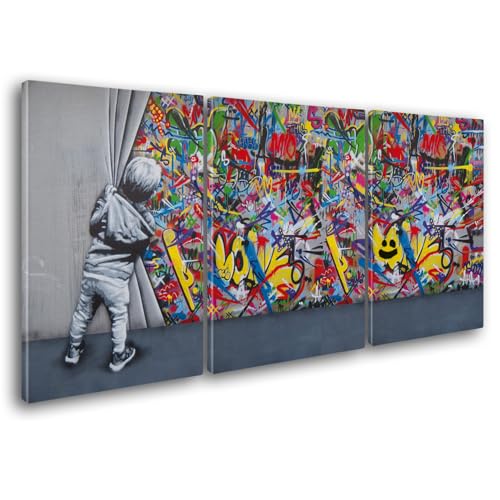Giallobus - Große Gemälde im XXL-Format - Banksy - Street Art - Kind öffnet den Vorhang - Leinwand - 218x100cm | 3pcs. x 70x100cm - Moderne Gemälde für zu Hause von Giallobus