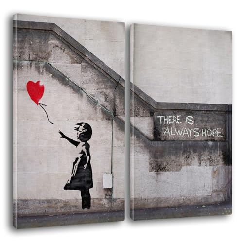 Giallobus - Große Gemälde im XXL-Format - Banksy - Street Art - Kleines Mädchen mit rotem Luftballon - Leinwand - 144x100cm | 2pcs. x 70x100cm - Moderne Gemälde für zu Hause von Giallobus