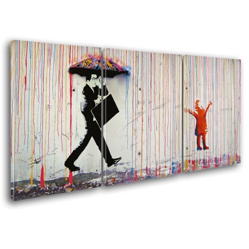 Giallobus - Große Gemälde im XXL-Format - Banksy - Street Art – Regen der Farben - Leinwand - 308x140cm | 3pcs. x 100x140cm - Moderne Gemälde für zu Hause von Giallobus