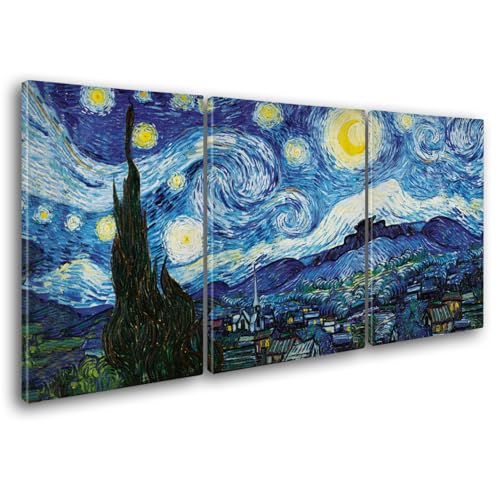 Giallobus - Große Gemälde im XXL-Format - Vincent Van Gogh - Berühmte Künstler - Sternennacht - Leinwand - 218x100cm | 3pcs. x 70x100cm - Moderne Gemälde für zu Hause von Giallobus