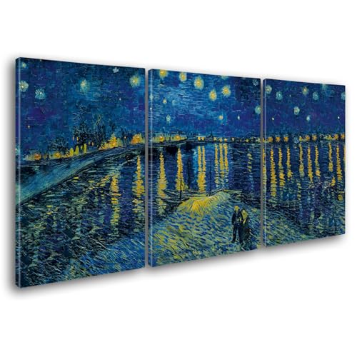 Giallobus - Große Gemälde im XXL-Format - Vincent Van Gogh - Berühmte Künstler - Sternennacht über der Rhone - Leinwand - 308x140cm | 3pcs. x 100x140cm - Moderne Gemälde für zu Hause von Giallobus