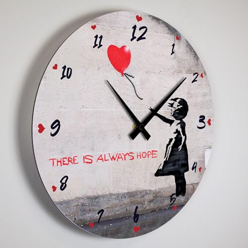 Giallobus - Linienuhr Basic - Banksy - Rotes Ballonmädchen - MDF-Holz - Basic 30x30 - Leiser Mechanismus – fertig zum Aufhängen – Moderne von Giallobus