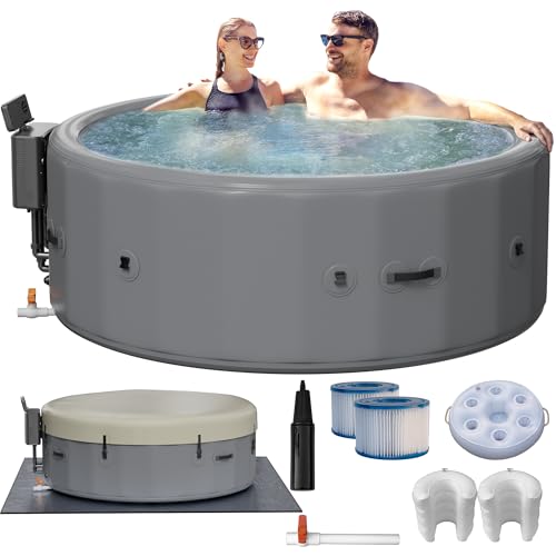 Aufblasbarer Whirlpool für 6–8 Personen, tragbares Outdoor-Spa mit 180 beruhigenden Luftdüsen (215,9 x 71,1 cm), tragbarer Whirlpool mit Abdeckung und Heizungspumpe, Grau von GianToucan