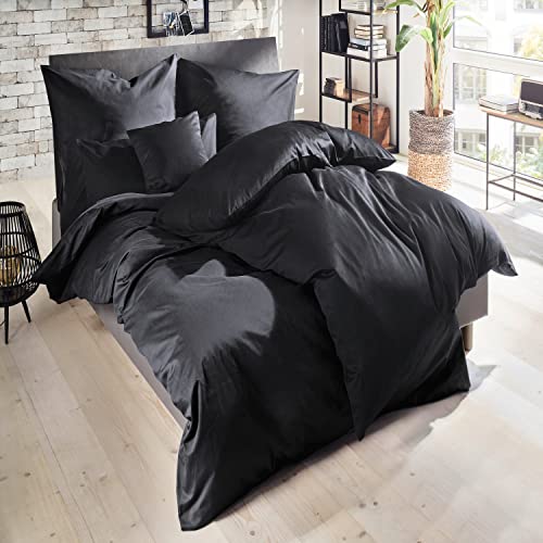 Giancasa Mako Satin Bettwäsche Uni glatt seidig weich Baumwolle Reißverschluss Schlafzimmer 135 X 200 cm 1 x Kissenbezug 80 x 80 cm schwarz von Giancasa