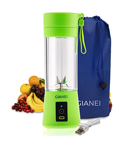 Gianei tragbarer Mixer Smoothie Maker - mixer klein für Gemüse und Obst, Smoothie maker to go mit Tragetasche, USB wiederaufladbarer Akku Mixer, 380 ml Becher, 6 Edelstahlmessern (Grün) von Gianei