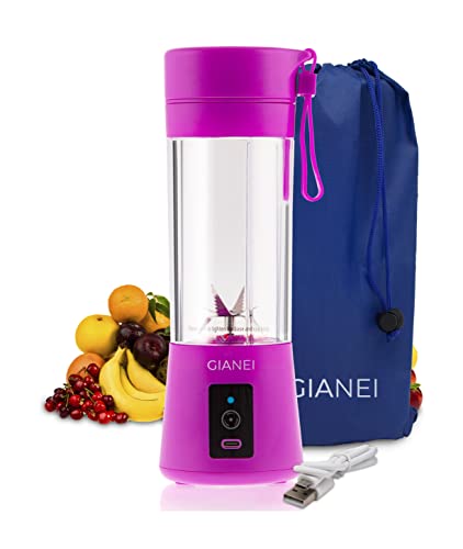 Gianei tragbarer Mixer Smoothie Maker - kleiner Entsafter für Gemüse und Obst, Smoothie Mixer to go mit Tragetasche, USB wiederaufladbarer Akku Mixer, 380 ml Becher, 6 Edelstahlmessern (Violett) von Gianei