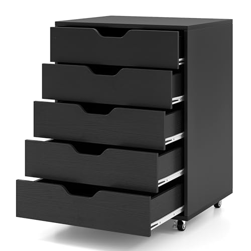 GIANTEX Aktenschrank auf Rollen, Rollcontainer mit Schubladen, mobiler Druckerständer für Home-Office & Büro, für Ordner, Dokumente, Papiere (Schwarz, 49 x 40 x 65 cm) von GIANTEX