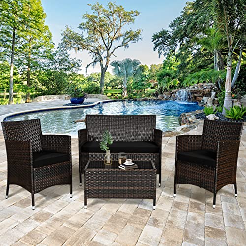 GIANTEX Gartenlounge Outdoor Möbelsets, Garten Lounge Set Rattan Gartenmöbel, Sitzgruppe 4 Personen Tisch 2 Stühle Sitzbank, mit Sitzkissen, Balkonmöbel Kleiner Balkon, Sitzgarnitur Frei kombinierbar von GIANTEX