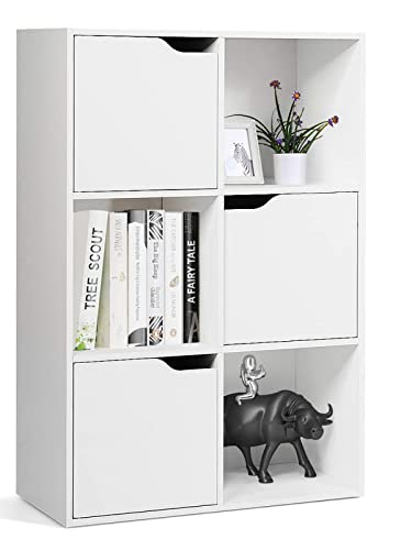 GIANTEX Bücherregal mit 6 Fächern, Bücherschrank 3 Türen, Aufbewahrungsregal Standregal freistehend, Büroregal Aktenregal Ordnerregal für Bücher, 60 x 29 x 90 cm, weiß von GIANTEX