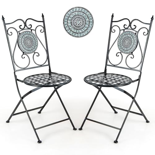 Giantex Set mit 2 Klappstühlen, Mosaik, Terrassenstuhl aus Metall, dekorative Rückenlehne, maximale Belastung 150 kg, für Wohnzimmer, Garten, Esszimmer von Giantex