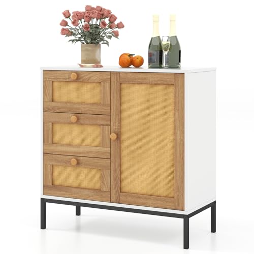 Giantex Sideboard Küche aus Rattan mit 3 Schubladen & 1 Tür, Aufbewahrungsschrank mit Schrank & Regal & Füße aus Metall, Aufbewahrungsmöbel für Küche, Wohnzimmer, Esszimmer, Bohemian-Stil von Giantex