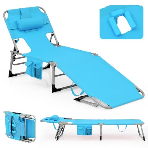 Giantex Strandkorb Chaiselongue mit Gesichts-Armloch, abnehmbares Kissen, verstellbare Rückenlehne, Seitentasche, Tragegriff, Outdoor-Klappbarer Sonnenstuhl zum Sonnenbaden (1, Türkis) von Giantex