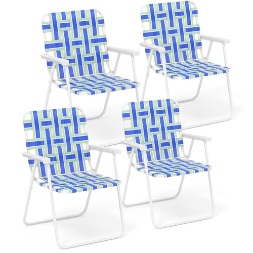 Giantex Strandstühle für Erwachsene, 4er-Pack, Campingstuhl mit Stahlrahmen, leichter Klappstuhl, Regiestuhl, Outdoor-Gurtbandstuhl für Terrasse, Angeln, Hof, Pool, Rasenstühle, 4er-Set (blau) von Giantex