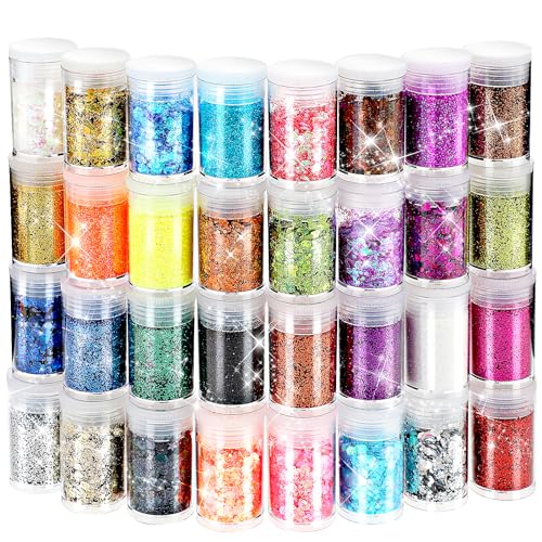 Giantree 32 Dosen Holographische Pailletten Chunky Glitter Set, Schillernde Glitzerflocken Klobige Pailletten Feine Glitzer Pulver für Gesicht Körper Augen Nail DIY Crafts(Bunt 2) von Giantree