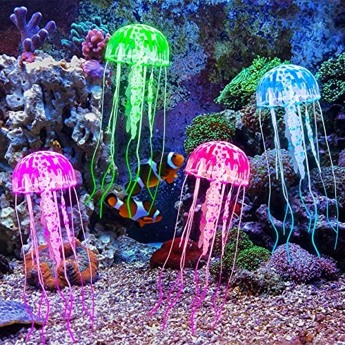 Giantree 4Pcs Glühende Qualle Fischtank Dekorationen Set, schwimmende Quallen Ornament Aquarium Dekoration Simulation Silikon Wasserorganismen für Aquarium Fisch Tank Glow Ornament von Giantree