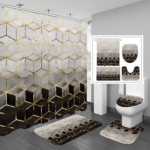 Gibelle 4-teiliges Badezimmer-Duschvorhang-Set mit rutschfesten Teppichen, WC-Deckelbezug und Badematte, schwarzer Farbverlauf, goldfarbene kubische Linien, luxuriöses Badezimmer-Dekor-Set mit von Gibelle