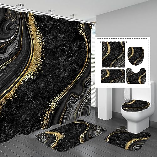Gibelle 4-teiliges Luxus-Duschvorhang-Set aus Marmor mit rutschfesten Teppichen, WC-Deckelbezug und Badematte, Schwarz Gold Badezimmer Dekor Set mit Duschvorhang und Teppichen und Zubehör von Gibelle