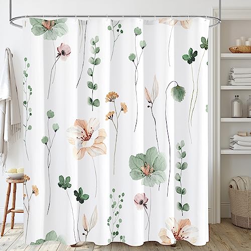Gibelle Blumen-Duschvorhang für Badezimmer, salbeigrün, beige, Aquarell-Blumen-Duschvorhang, modern, minimalistisch, weiß, wasserdicht, Stoff, 183 x 183 cm von Gibelle