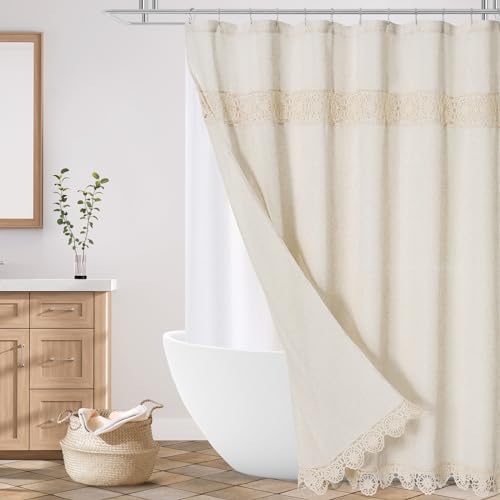 Gibelle Boho Bauernhaus-Duschvorhang, dicker Leinen-Baumwollstoff, Duschvorhang mit Makramee-Spitzendekor, 183x183 cm, Beige/Creme von Gibelle