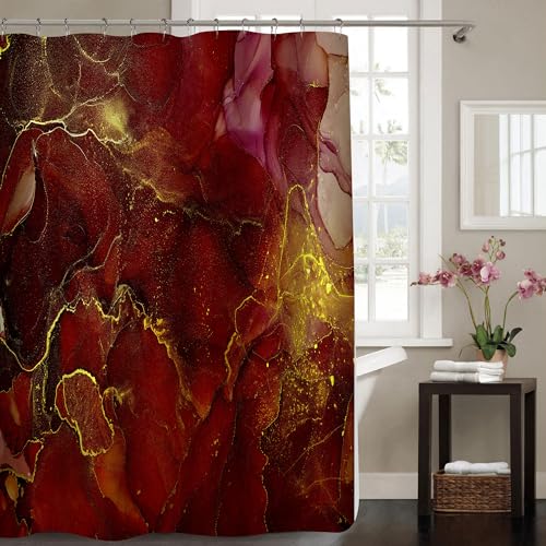 Gibelle Burgunderroter Duschvorhang, abstrakter Marmor-Stoff Duschvorhang für Badezimmer, modernes Ombre-Aquarell-Tintenkunst-Duschvorhang-Set mit Haken, 182 x 183 cm von Gibelle