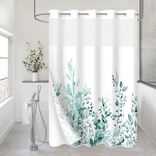 Gibelle Duschvorhang ohne Haken, Eukalyptus, mit Stoffeinsatz, Hotel-Stil, blaugrün, Pflanzenblätter, doppelter Duschvorhang mit durchsichtigem Fenster, wasserdicht und waschbar, 183 x 188 cm von Gibelle