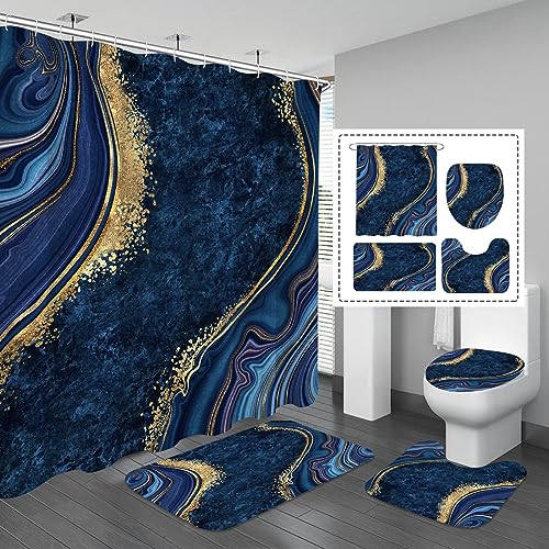 Gibelle Luxuriöses Marmor-Duschvorhang-Set mit rutschfesten Teppichen, WC-Deckelbezug und Badematte, Goldfolie, Marineblau, Badezimmer-Dekor-Set mit Duschvorhang und Teppichen und Zubehör, 4-teilig von Gibelle