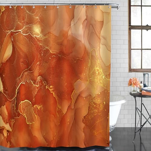 Gibelle Orangefarbener Duschvorhang, abstrakter Marmorstoff-Duschvorhang für Badezimmer, moderne Ombré-Aquarell-Tinte, Duschvorhang-Set mit Haken, 182 x 183 cm von Gibelle