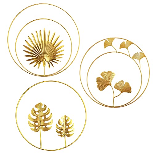 Gold Wanddeko Metall 3D Wandskulpturen, 3Pcs Wanddeko, 3D Wandbild aus Metall Blätter, Ginkgo Blatt Kunst Hängen Ornament, für Schlafzimmer Wohnzimmer Heimtextilien (Gold) von YANJIY