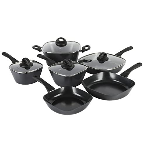 Gibson Soho Lounge 10 Piece Aluminum Diamond-Infused Ceramic Nonstick Interior Induction Pots and Pans Cookware Set, PFOA Free, Square, Black von Gibson Soho Lounge
